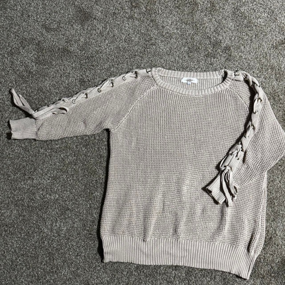 Knit Sweater, Lace-Up Sleeves, Brown, Size S
